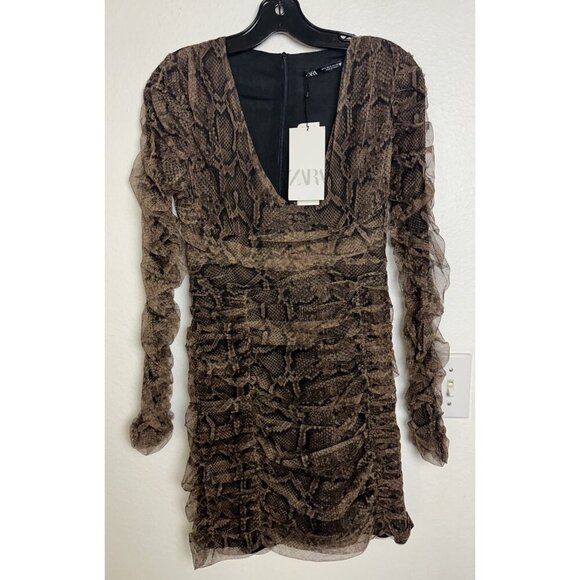 Zara Dress Draped Tulle Mini Long Sleeve in Snakeskin Brown Size S New - Picture 10 of 16
